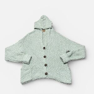 POL Button Front Hooded Boucle Eyelash Cardigan in Sage Green Size Medium